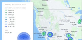 Screenshot of the Commercial Cafe map showing the major industrial hubs -- California's Inland Empire has seen the greatest growth in industrial construction in the past decade
