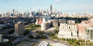 A complete rehab of the apartment building at 1926 W Harrison St — now known as Atrio — is underway (left, before the highway), and Gateway Chicago (foreground) received building permits this year for two major buildings to follow the construction of the two visible 1-story buildings